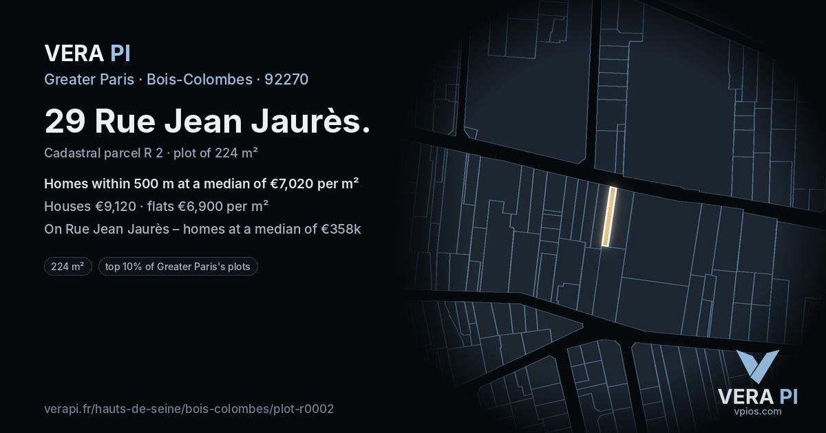 29 Rue Jean Jaurès, Bois-Colombes at night – the plot lit, the parcels around coloured by the prices near them