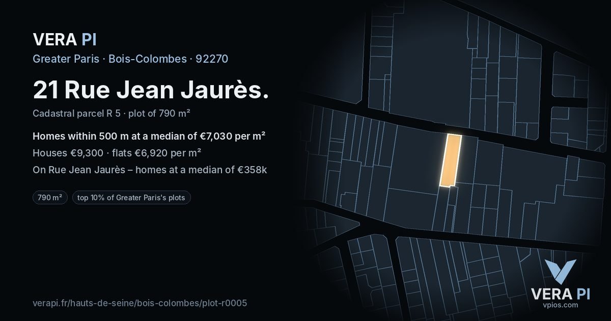 21 Rue Jean Jaurès, Bois-Colombes at night – the plot lit, the parcels around coloured by the prices near them