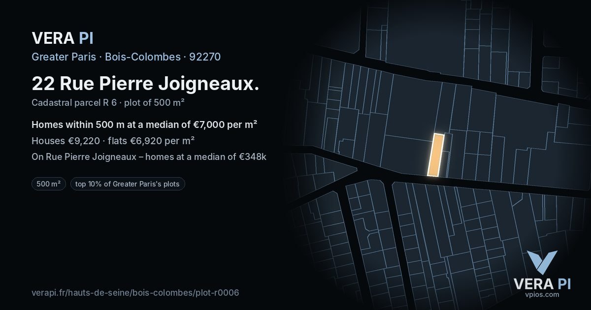 22 Rue Pierre Joigneaux, Bois-Colombes at night – the plot lit, the parcels around coloured by the prices near them