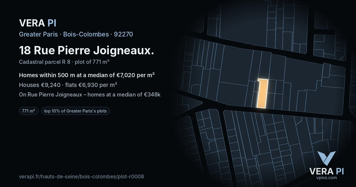 18 Rue Pierre Joigneaux, Bois-Colombes at night – the plot lit, the parcels around coloured by the prices near them