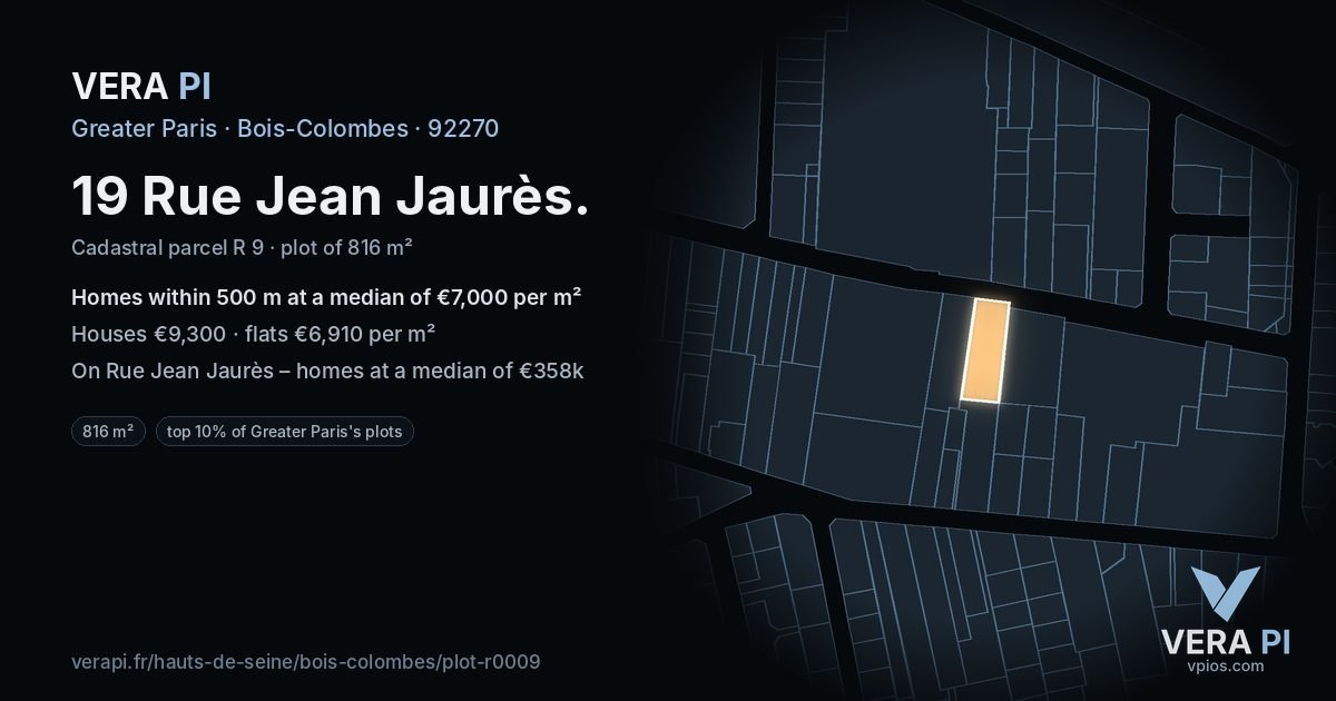 19 Rue Jean Jaurès, Bois-Colombes at night – the plot lit, the parcels around coloured by the prices near them