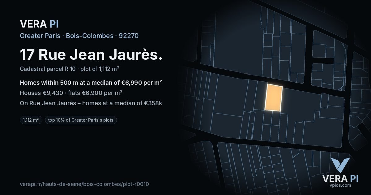 17 Rue Jean Jaurès, Bois-Colombes at night – the plot lit, the parcels around coloured by the prices near them