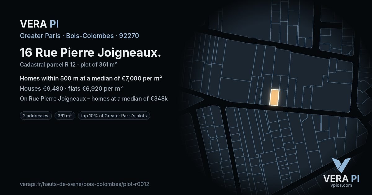 16 Rue Pierre Joigneaux, Bois-Colombes at night – the plot lit, the parcels around coloured by the prices near them