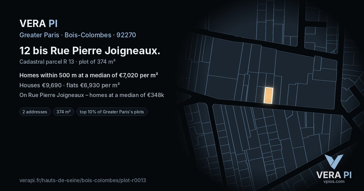 12 bis Rue Pierre Joigneaux, Bois-Colombes at night – the plot lit, the parcels around coloured by the prices near them
