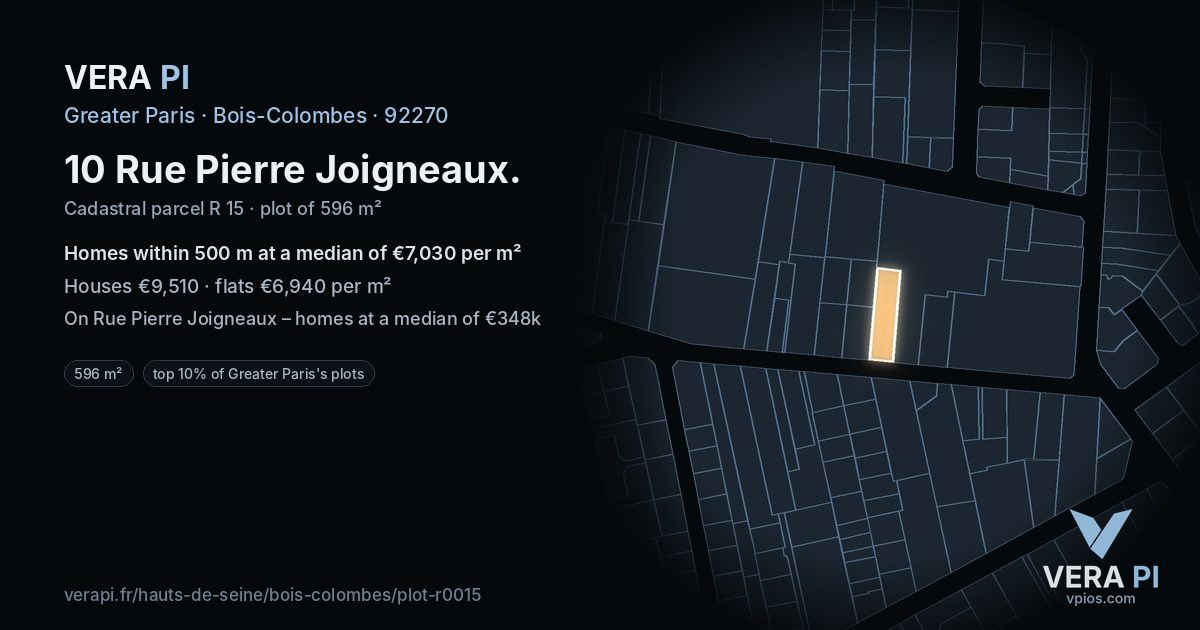 10 Rue Pierre Joigneaux, Bois-Colombes at night – the plot lit, the parcels around coloured by the prices near them