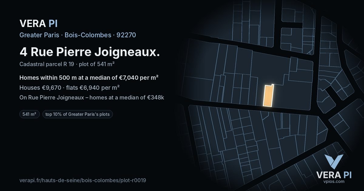 4 Rue Pierre Joigneaux, Bois-Colombes at night – the plot lit, the parcels around coloured by the prices near them