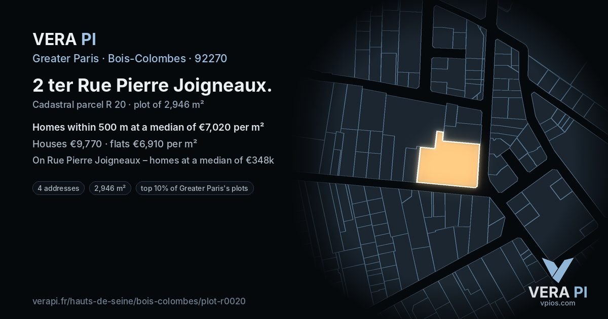 2 ter Rue Pierre Joigneaux, Bois-Colombes at night – the plot lit, the parcels around coloured by the prices near them