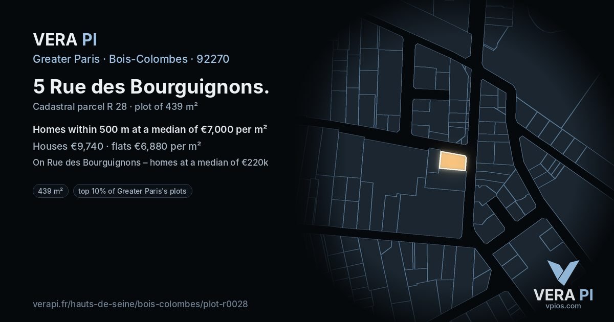 5 Rue des Bourguignons, Bois-Colombes at night – the plot lit, the parcels around coloured by the prices near them
