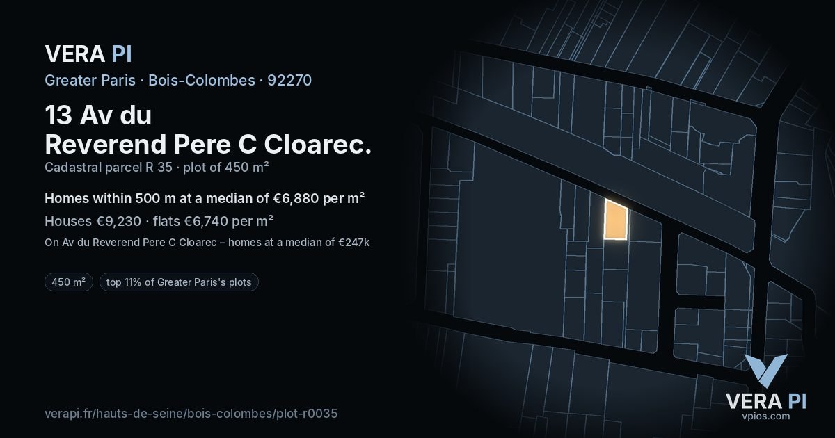 13 Av du Reverend Pere C Cloarec, Bois-Colombes at night – the plot lit, the parcels around coloured by the prices near them
