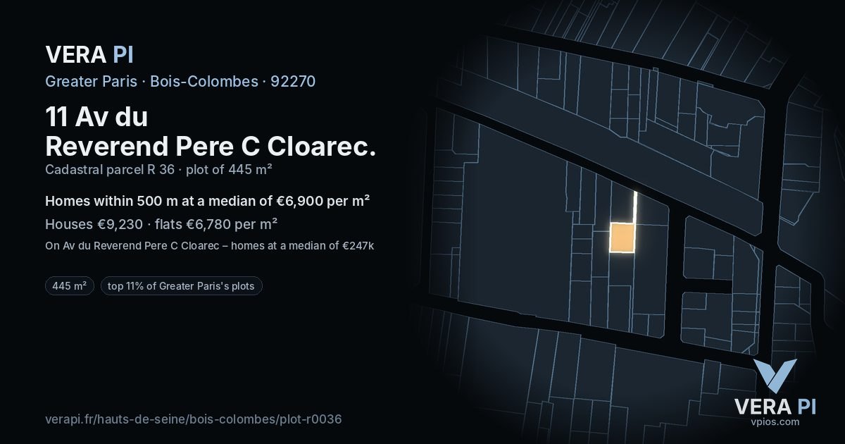 11 Av du Reverend Pere C Cloarec, Bois-Colombes at night – the plot lit, the parcels around coloured by the prices near them