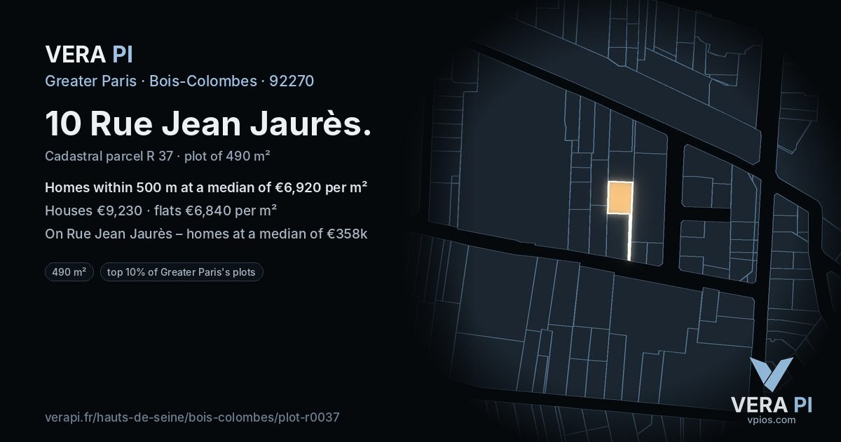 10 Rue Jean Jaurès, Bois-Colombes at night – the plot lit, the parcels around coloured by the prices near them