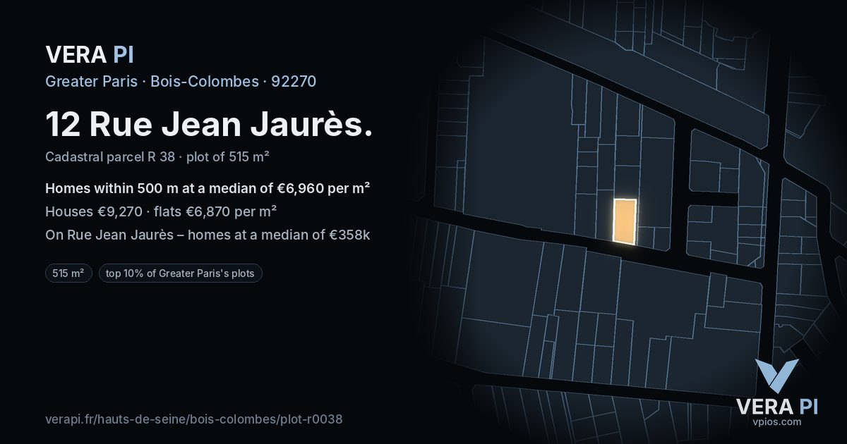 12 Rue Jean Jaurès, Bois-Colombes at night – the plot lit, the parcels around coloured by the prices near them