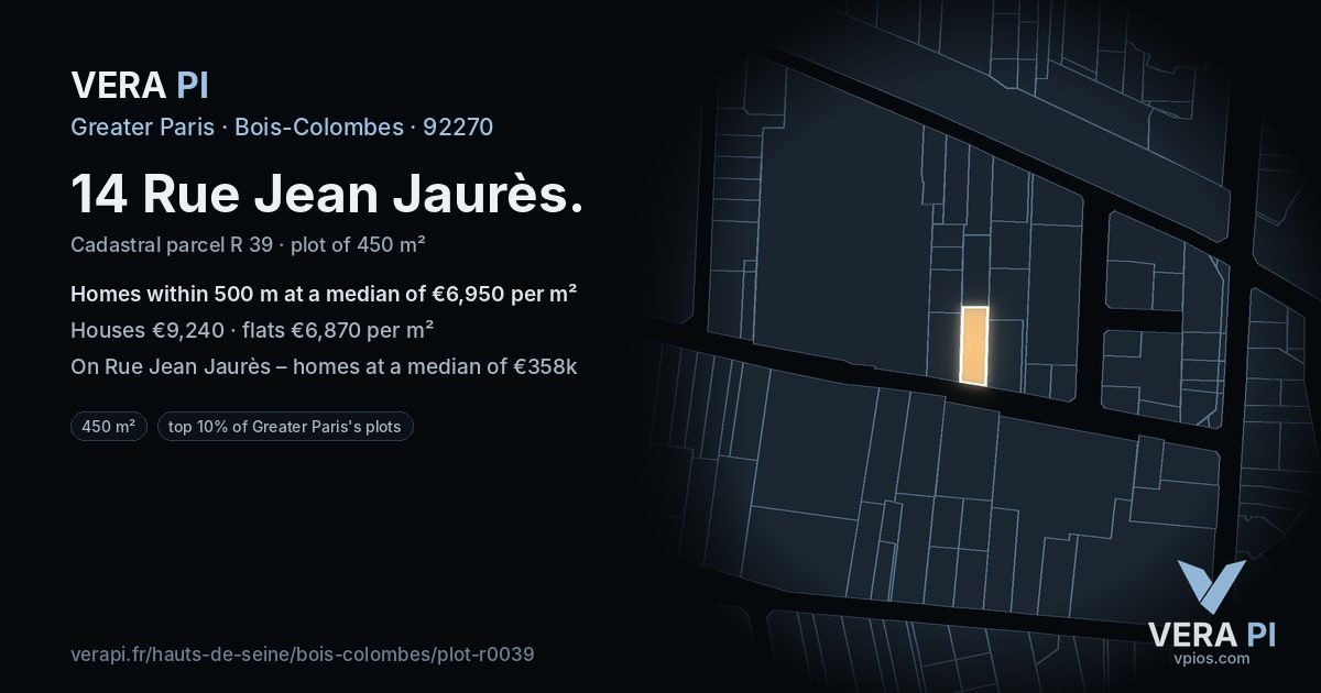 14 Rue Jean Jaurès, Bois-Colombes at night – the plot lit, the parcels around coloured by the prices near them