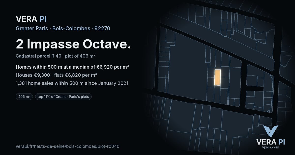 2 Impasse Octave, Bois-Colombes at night – the plot lit, the parcels around coloured by the prices near them