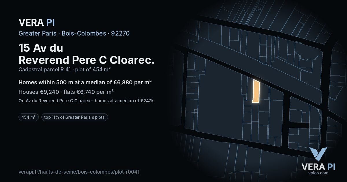 15 Av du Reverend Pere C Cloarec, Bois-Colombes at night – the plot lit, the parcels around coloured by the prices near them