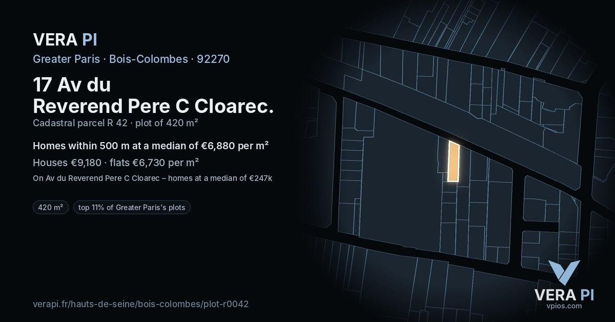 17 Av du Reverend Pere C Cloarec, Bois-Colombes at night – the plot lit, the parcels around coloured by the prices near them