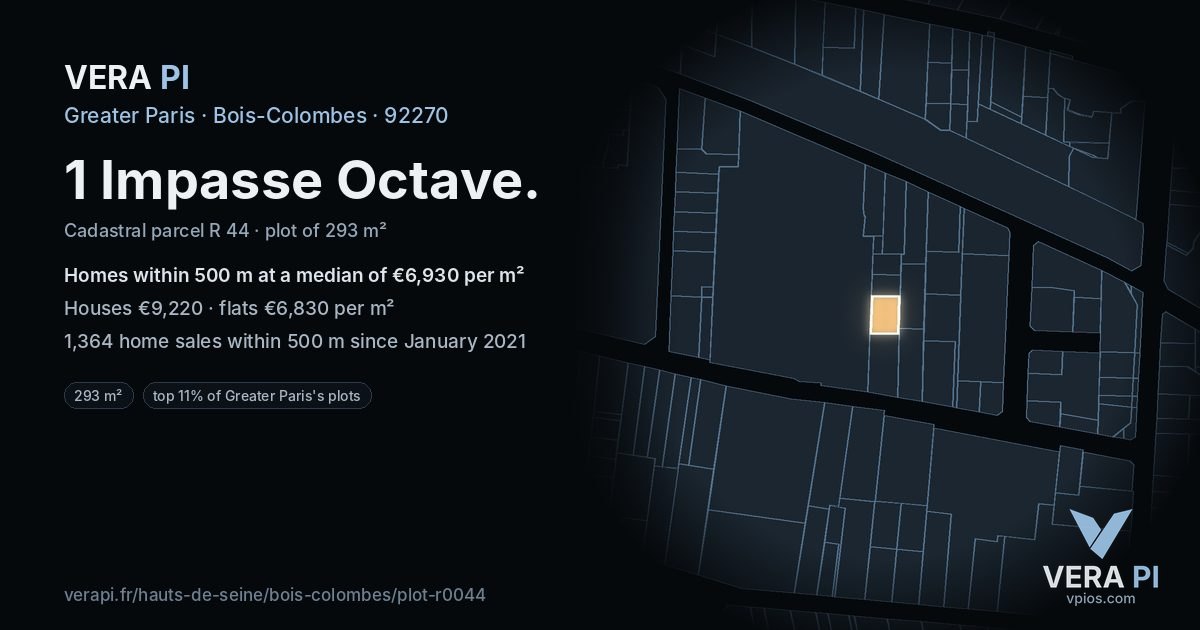 1 Impasse Octave, Bois-Colombes at night – the plot lit, the parcels around coloured by the prices near them