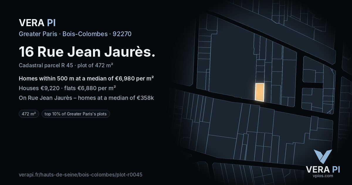 16 Rue Jean Jaurès, Bois-Colombes at night – the plot lit, the parcels around coloured by the prices near them