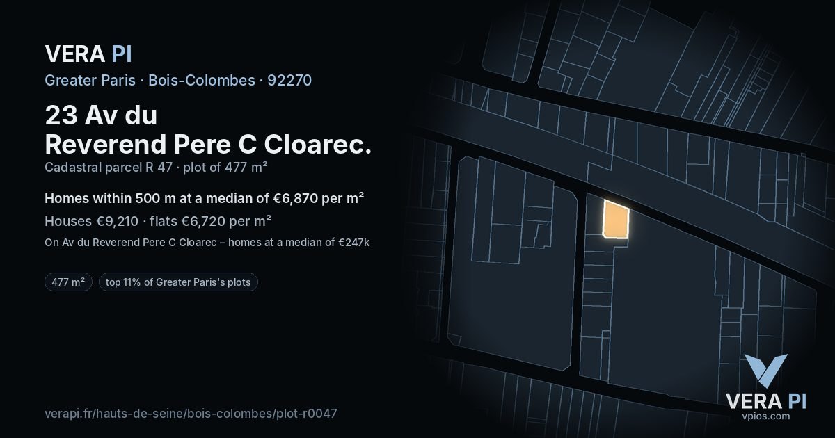 23 Av du Reverend Pere C Cloarec, Bois-Colombes at night – the plot lit, the parcels around coloured by the prices near them