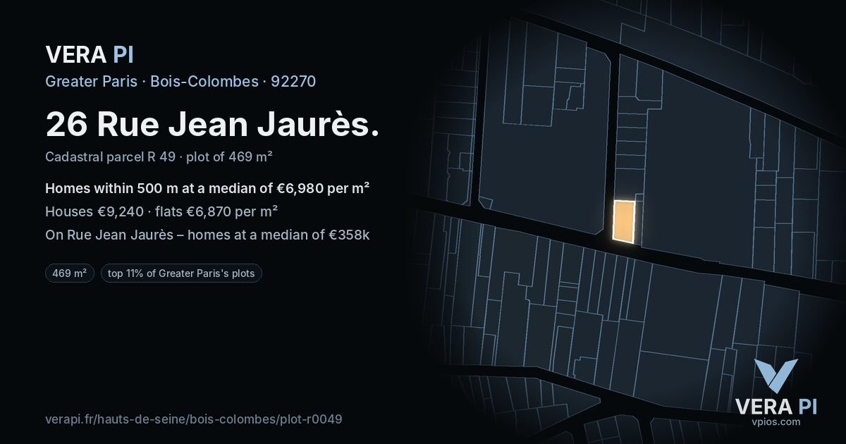 26 Rue Jean Jaurès, Bois-Colombes at night – the plot lit, the parcels around coloured by the prices near them