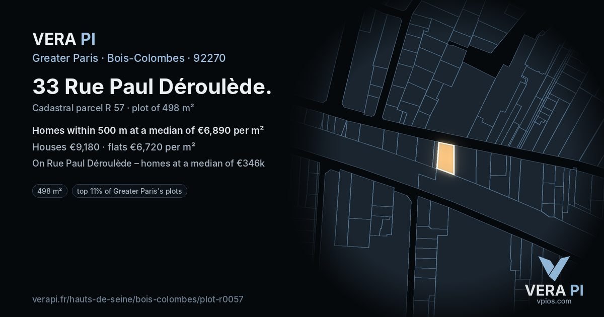 33 Rue Paul Déroulède, Bois-Colombes at night – the plot lit, the parcels around coloured by the prices near them