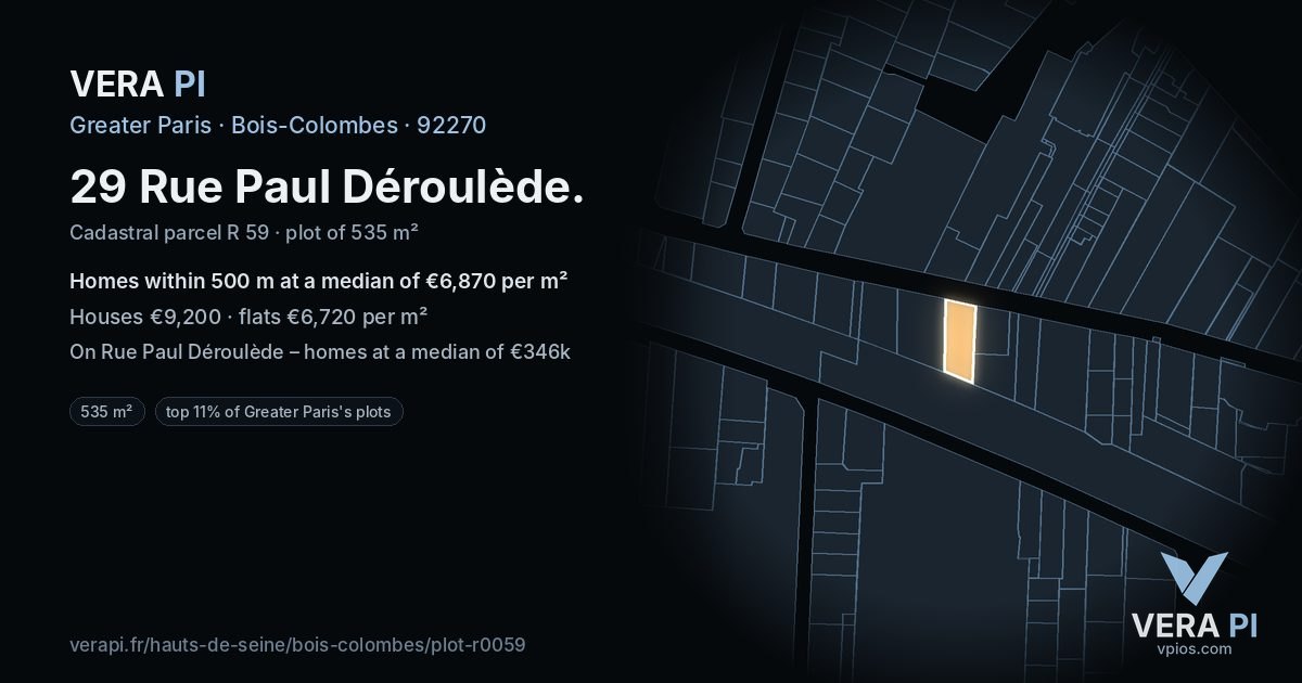 29 Rue Paul Déroulède, Bois-Colombes at night – the plot lit, the parcels around coloured by the prices near them