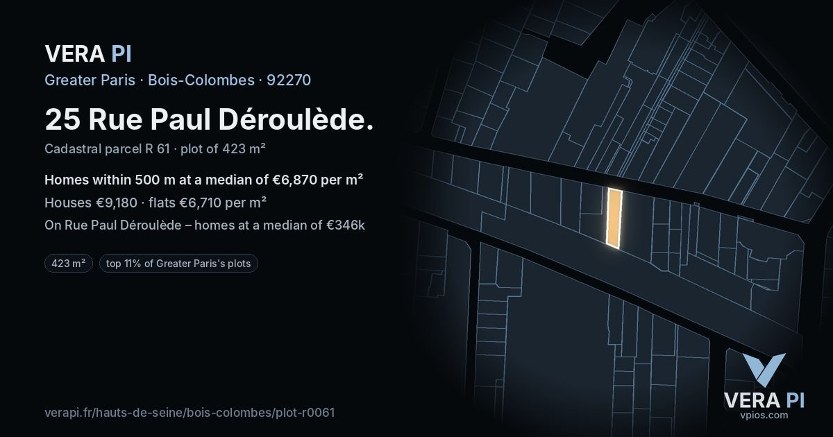 25 Rue Paul Déroulède, Bois-Colombes at night – the plot lit, the parcels around coloured by the prices near them