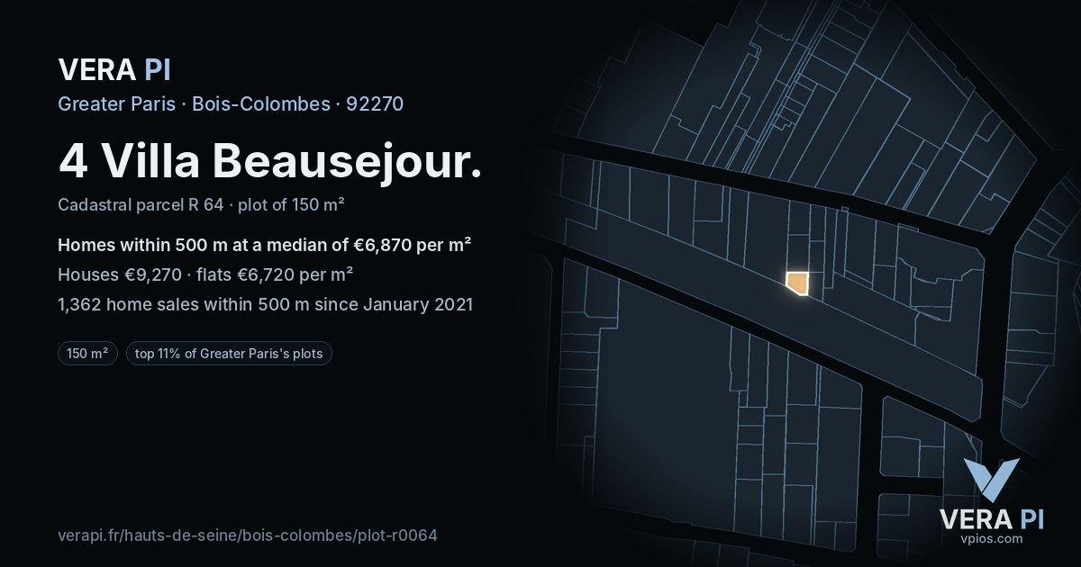 4 Villa Beausejour, Bois-Colombes at night – the plot lit, the parcels around coloured by the prices near them