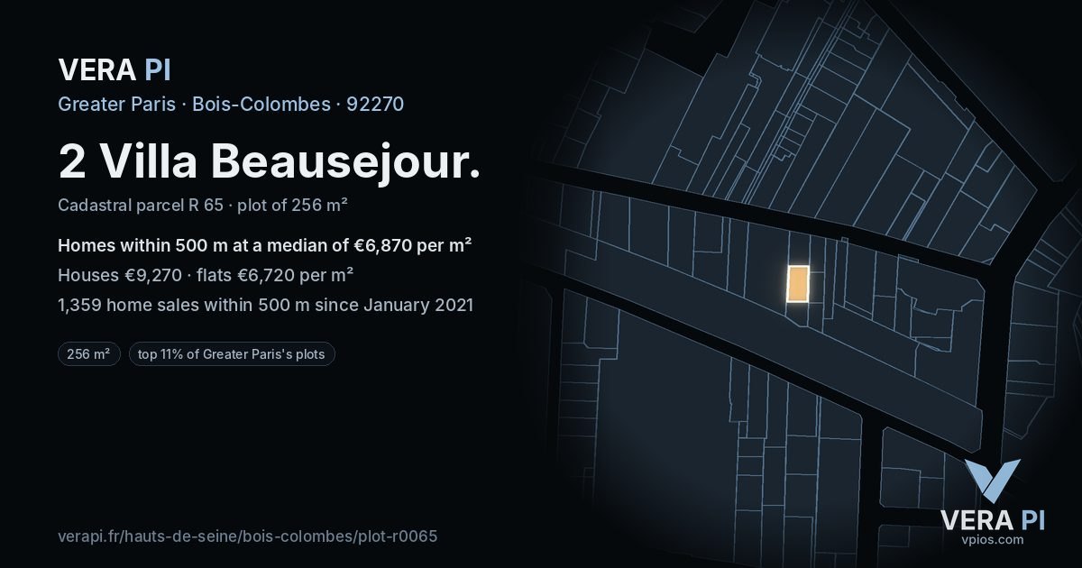 2 Villa Beausejour, Bois-Colombes at night – the plot lit, the parcels around coloured by the prices near them