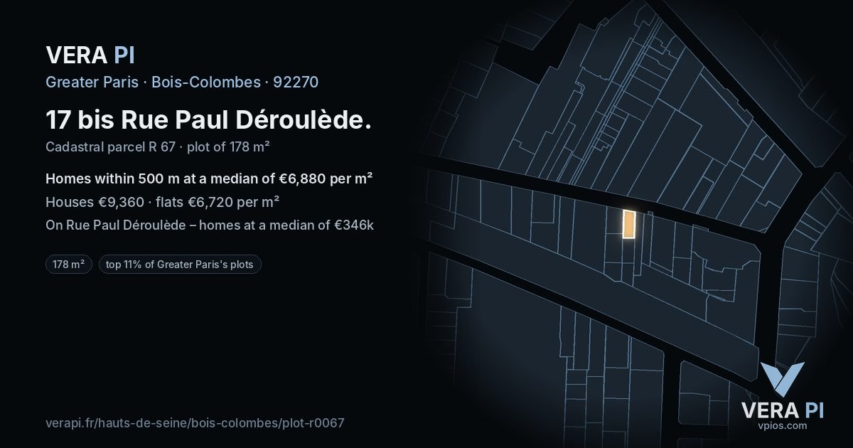 17 bis Rue Paul Déroulède, Bois-Colombes at night – the plot lit, the parcels around coloured by the prices near them