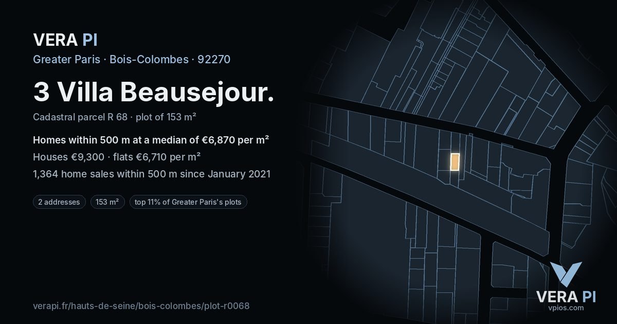 3 Villa Beausejour, Bois-Colombes at night – the plot lit, the parcels around coloured by the prices near them