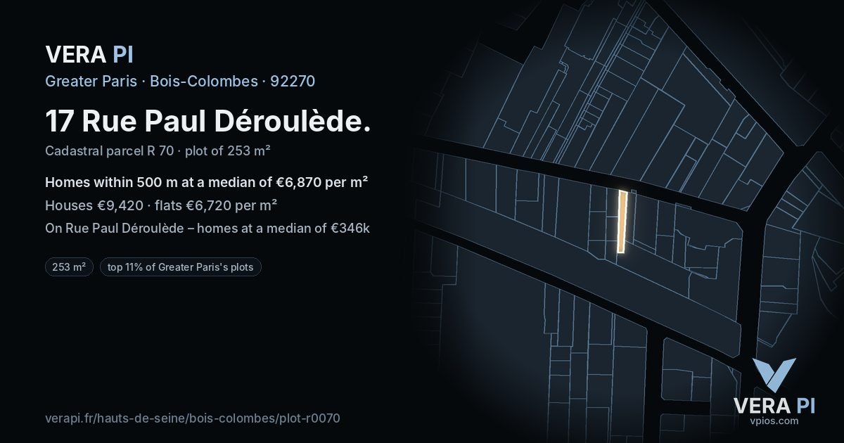 17 Rue Paul Déroulède, Bois-Colombes at night – the plot lit, the parcels around coloured by the prices near them