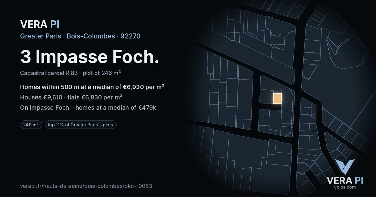 3 Impasse Foch, Bois-Colombes at night – the plot lit, the parcels around coloured by the prices near them