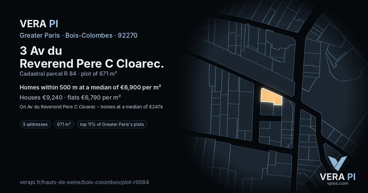 3 Av du Reverend Pere C Cloarec, Bois-Colombes at night – the plot lit, the parcels around coloured by the prices near them