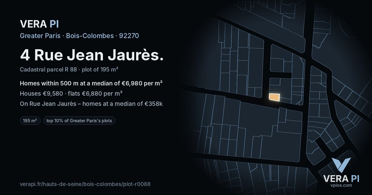 4 Rue Jean Jaurès, Bois-Colombes at night – the plot lit, the parcels around coloured by the prices near them