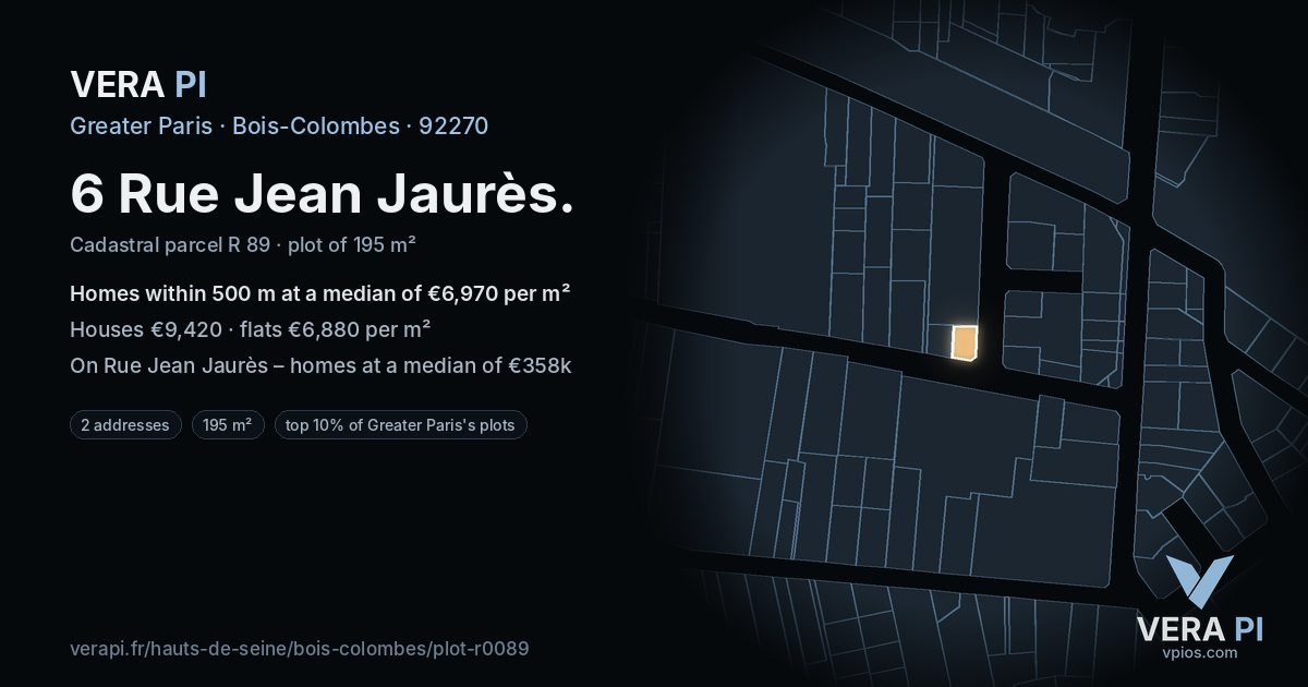 6 Rue Jean Jaurès, Bois-Colombes at night – the plot lit, the parcels around coloured by the prices near them