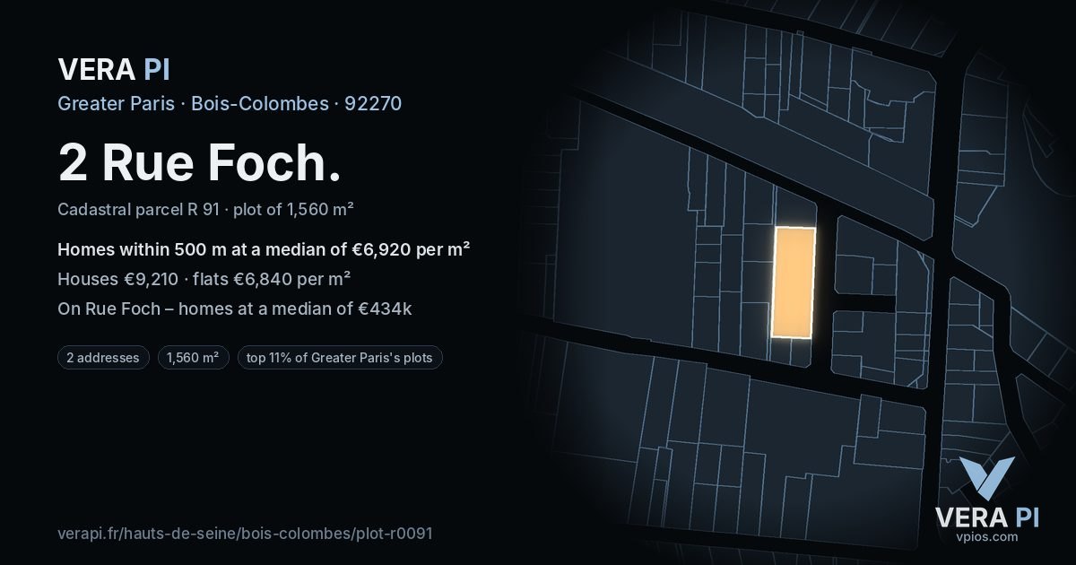 2 Rue Foch, Bois-Colombes at night – the plot lit, the parcels around coloured by the prices near them