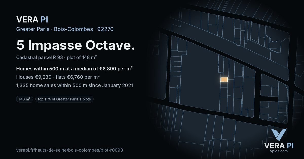 5 Impasse Octave, Bois-Colombes at night – the plot lit, the parcels around coloured by the prices near them