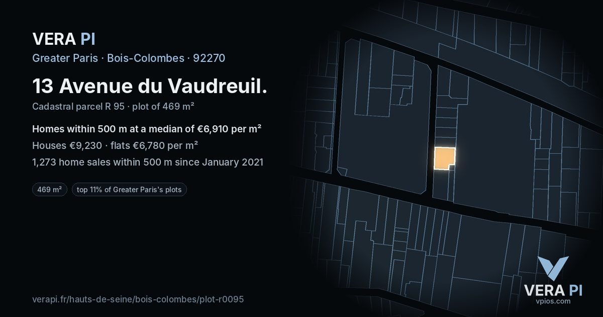 13 Avenue du Vaudreuil, Bois-Colombes at night – the plot lit, the parcels around coloured by the prices near them