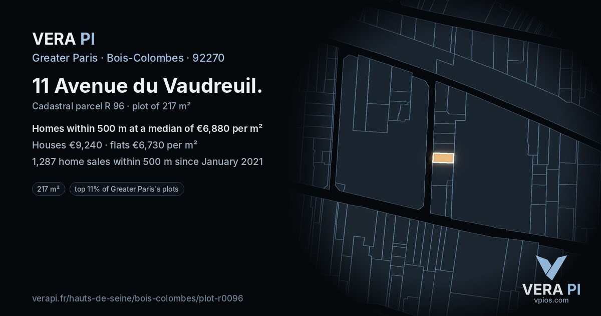 11 Avenue du Vaudreuil, Bois-Colombes at night – the plot lit, the parcels around coloured by the prices near them