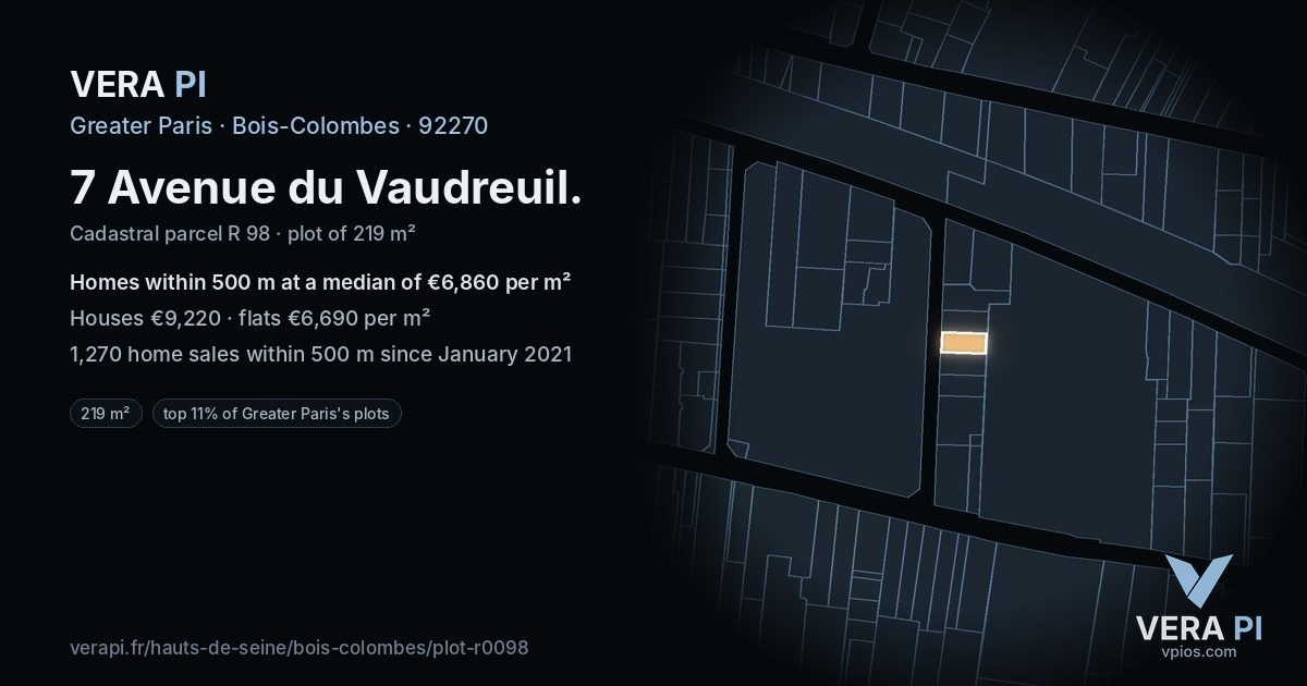 7 Avenue du Vaudreuil, Bois-Colombes at night – the plot lit, the parcels around coloured by the prices near them