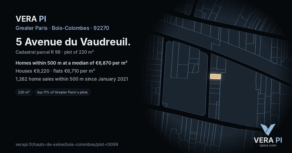 5 Avenue du Vaudreuil, Bois-Colombes at night – the plot lit, the parcels around coloured by the prices near them