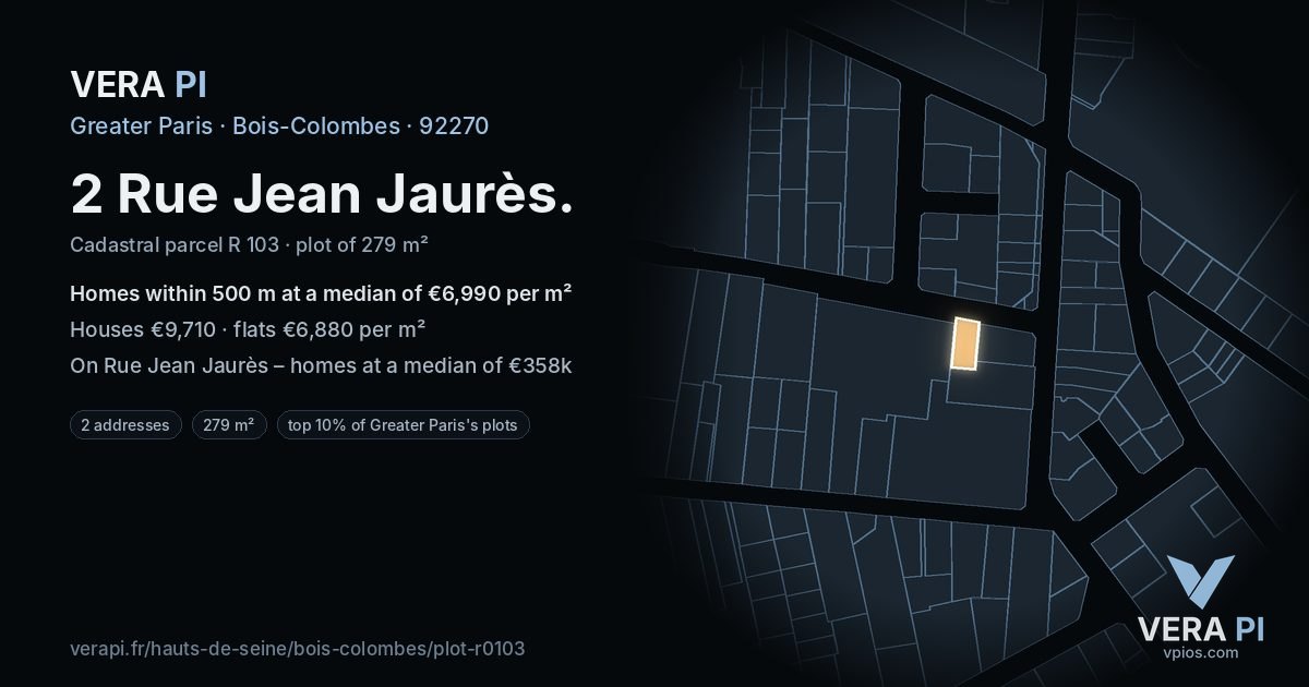 2 Rue Jean Jaurès, Bois-Colombes at night – the plot lit, the parcels around coloured by the prices near them