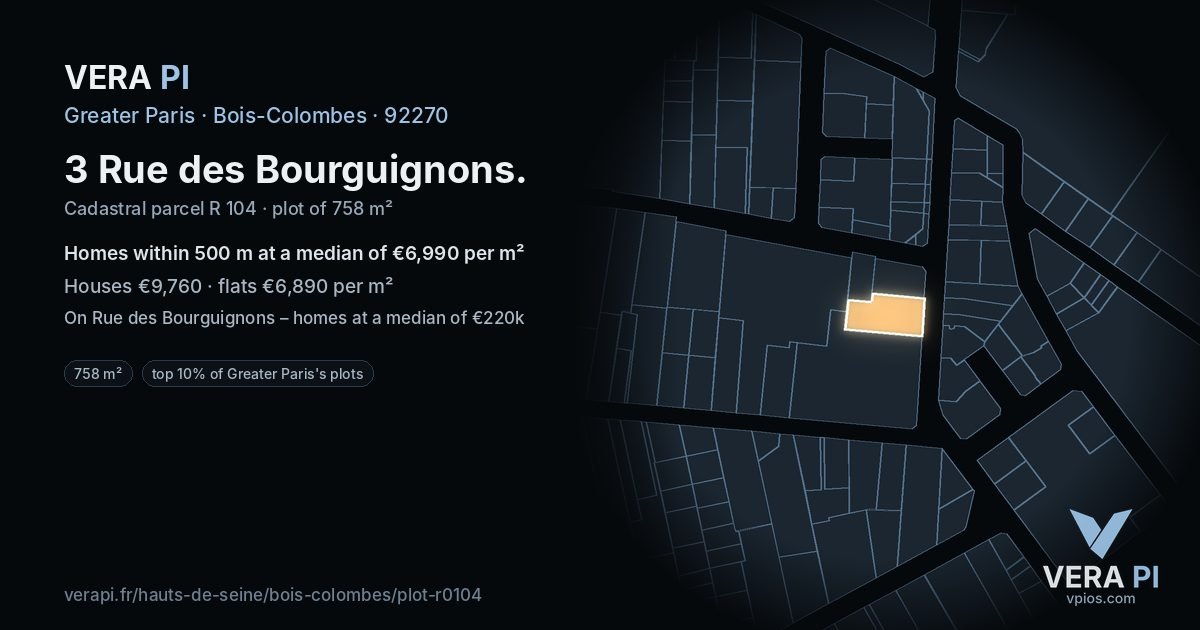 3 Rue des Bourguignons, Bois-Colombes at night – the plot lit, the parcels around coloured by the prices near them