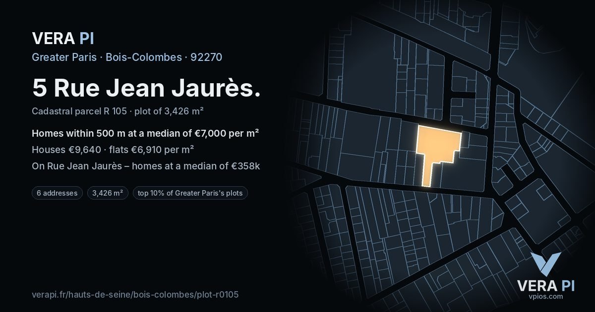 5 Rue Jean Jaurès, Bois-Colombes at night – the plot lit, the parcels around coloured by the prices near them