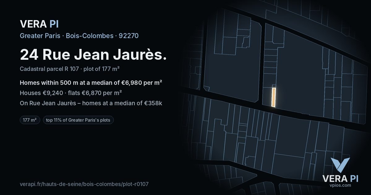 24 Rue Jean Jaurès, Bois-Colombes at night – the plot lit, the parcels around coloured by the prices near them