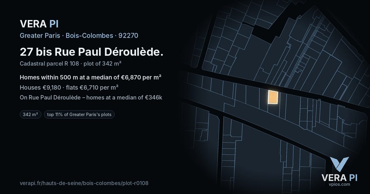 27 bis Rue Paul Déroulède, Bois-Colombes at night – the plot lit, the parcels around coloured by the prices near them