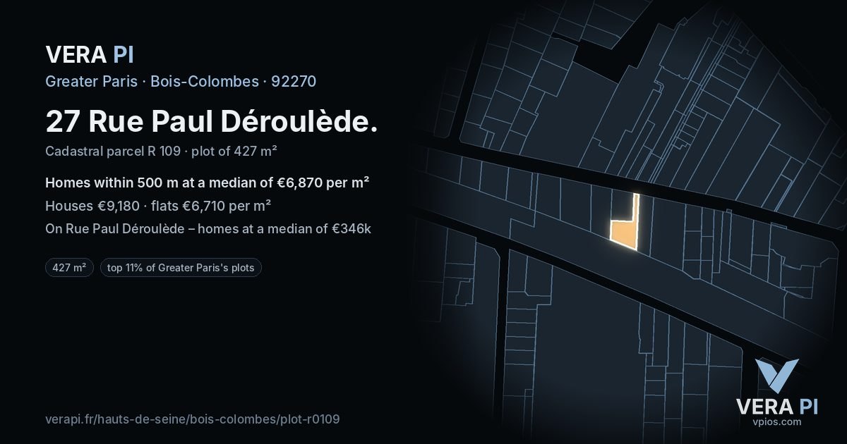 27 Rue Paul Déroulède, Bois-Colombes at night – the plot lit, the parcels around coloured by the prices near them