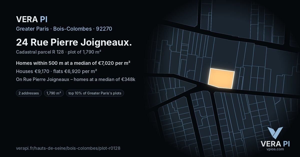 24 Rue Pierre Joigneaux, Bois-Colombes at night – the plot lit, the parcels around coloured by the prices near them