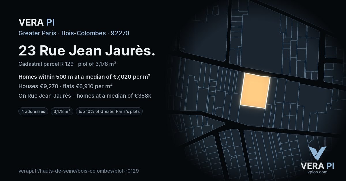 23 Rue Jean Jaurès, Bois-Colombes at night – the plot lit, the parcels around coloured by the prices near them